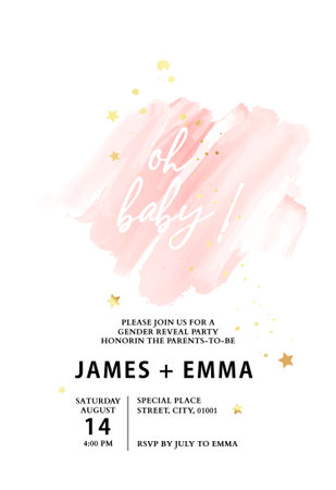 Gender reveal party invitation template, baby girl pink card. Watercolor cover, greeting template , abstract romantic design , thank you card, save the date, rsvp card  vectorのイラスト素材