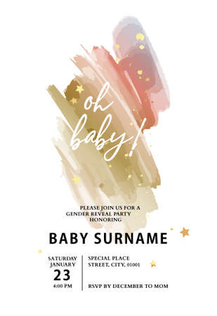Luxury baby shower invitation card with green pink gold marble texture and minimalistic waterccolor background vector design template.のイラスト素材