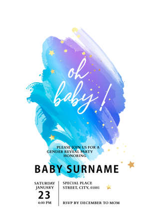 Baby shower greeting card with gold star on blue watercolor design, baby boy party invitation, modern wedding template, abstract background, event holiday template with stardust  in vectorのイラスト素材