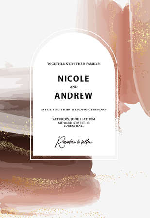 Wedding invitation card template Watercolor ink  with gold splashes , bridal card earthy tone abstract design backgroundの写真素材