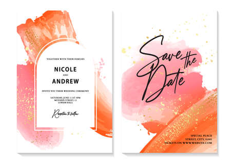 Watercolor background pink orange design minimalist template border frame, thank you card, wedding invitation, save the date design, birthday graphics, wedding ceremony greetingのイラスト素材