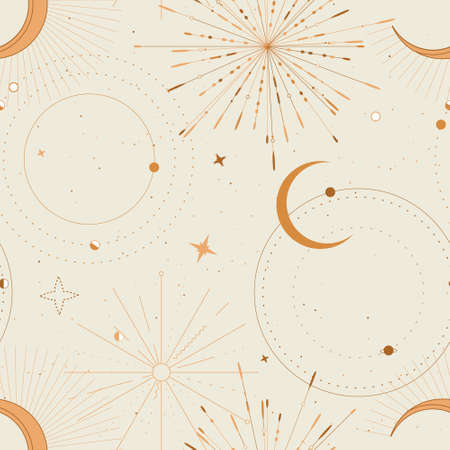 space universe sky cosmic pattern light beige , moon stars milky way starry galaxy designのイラスト素材