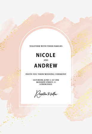 Wedding invitation design golden glitter , modern stains pink abstract brush stroke . Save the date, bridal invite, bride-to-be, mariage ceremony designの写真素材