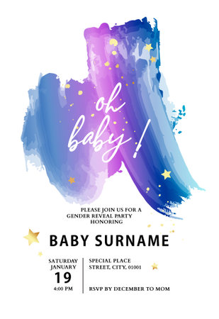 midnight sky watercolor template vintage baby boy invitation, hand drawn elements star, midnight sky in vectorのイラスト素材