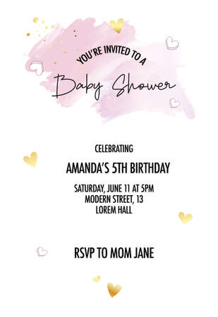 Pink baby shower invitation with gold hearts and stars. Baby newborn announcement , princess theme design in vectorのイラスト素材