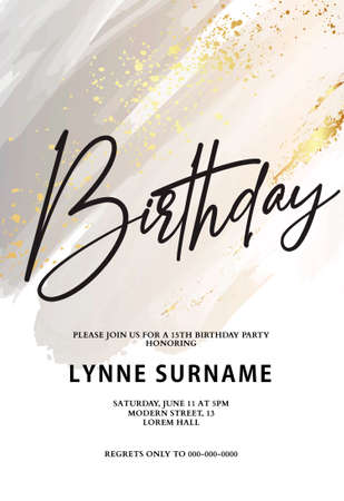 Modern watercolor abstract Birthday card design. Hand drawn digital background. Gold, pink grey brochure, golden flyer, modern invitation template. Business identity style. Geometric shape. Vectorのイラスト素材