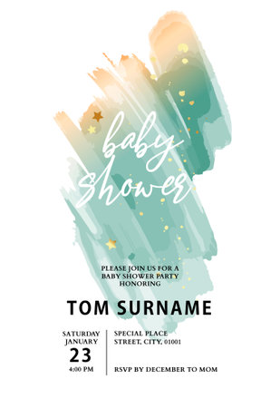 Baby shower  invitation cards with gold marble texture and geometric stars pattern abstract watercoor background vector design template.のイラスト素材