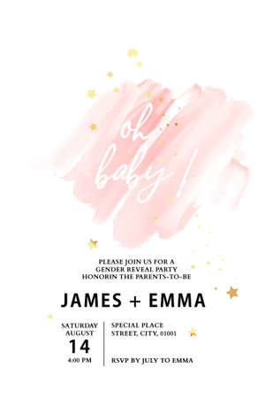 Gender reveal party invitation template, baby girl pink card. Watercolor cover, greeting template , abstract romantic design , thank you card, save the date, rsvp card  vectorのイラスト素材