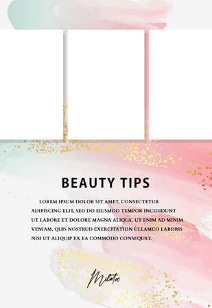 Watercolor ink pink green gold set beauty salon invitation , alcohol ink painting , brush pattern spring templateのイラスト素材
