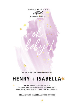 Baby shower violet  invitation card abstract background template, it's a boy girl gender reveal party template. Modern minimalistic design in vectorのイラスト素材