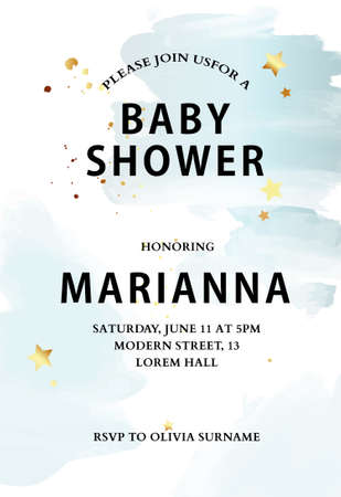 Baby boy shower invitation, birthday party watercolor background. Blue clouds child album coverのイラスト素材