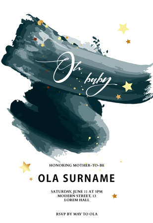 Baby shower invitation, Oh boy birthday greeting card in emerald green colors with gold glitter, baby born Midnight space card , elegant designのイラスト素材
