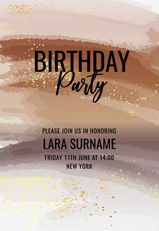 Birthday card happy birthday event invitation, anniversary greeting card design, brown violet watercolor background, golden textureのイラスト素材