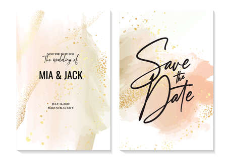 Minimalist save the date rsvp card pink gold set. Modern greeting card stationery template, watercolor ink minimal spalsh in vectorのイラスト素材