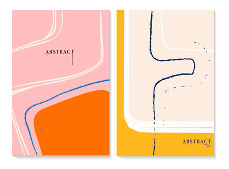 Abstract design minimal modern geometric lines shape poster set in vector . Colorful pink yellow orange bauhaus canvas , wall art, home decor, flyer , posterのイラスト素材