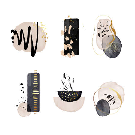 organic shape beige black in vector , handdrawn brush stroke watercolor painting  background set with gold texture , minimal frame, abstract banner setのイラスト素材
