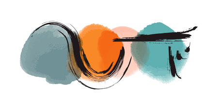 minimalist hand painted Abstract art watercolor circle element  orange blue black ink brush strokeのイラスト素材