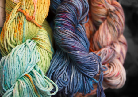 Diversified cotton yarn for knitting. Hand-dyed threads. Modern tie dye. Craft and hobby....