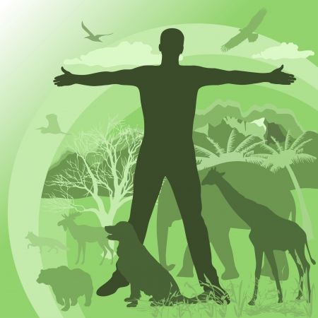 man s silhouette on the background of nature and animalsのイラスト素材