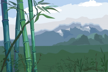 landscape with bamboo trees on the background of meadows and mountainsのイラスト素材