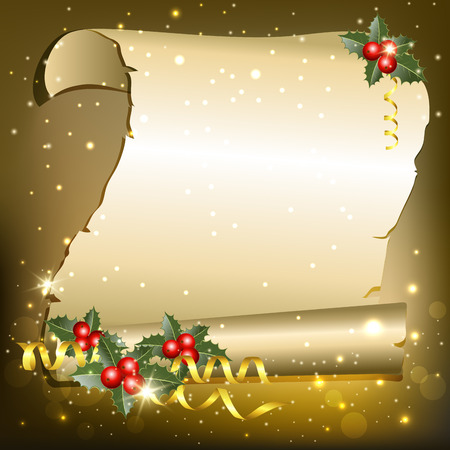 Christmas background with  frame of paper ,branches of  holly and decorative elementsのイラスト素材
