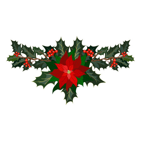 Christmas decorations with poinsettia, holly and berry. Design element for Christmas decoration. Vector illustrationのイラスト素材