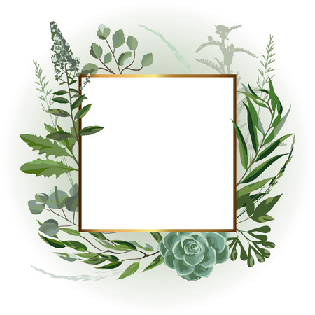 Wedding invitation frame  with leaves, succulents, twigs and plants. Herbal garland with greenery and green vegetation. Template design card with tree branches. Vector illustrationのイラスト素材