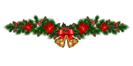 Christmas decorations with poinsettia, bells, fir tree, pine cones, holly, berries and decorative elements. Design element for Christmas decoration. Vector illustrationのイラスト素材