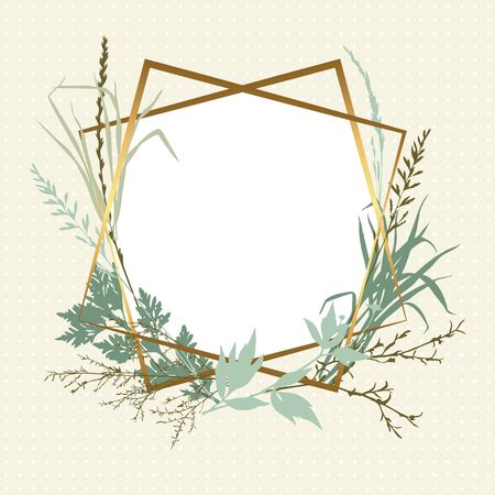Template design card with grass. Wedding invitation frame  with leaves, twigs and plants. Herbal garland with greenery and green vegetation. Vector illustrationのイラスト素材