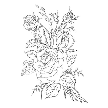 Coloring page with roses. Freehand drawing of the bouquet of flowers. Vector illustration.のイラスト素材