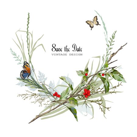 Greeting card template with grass, decorative green branches, berries and butterflies. Vector illustration.のイラスト素材