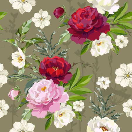 Seamless pattern with red, pink peonies and jasmine sprigs. Vector illustration.のイラスト素材