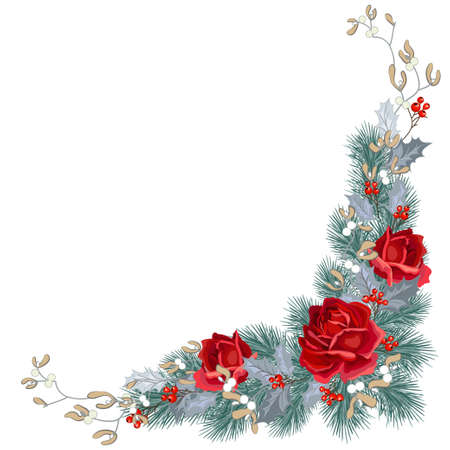 Merry Christmas decorative corner with roses, mistletoe, spruce and holly. Christmas design element. Vector illustrationのイラスト素材