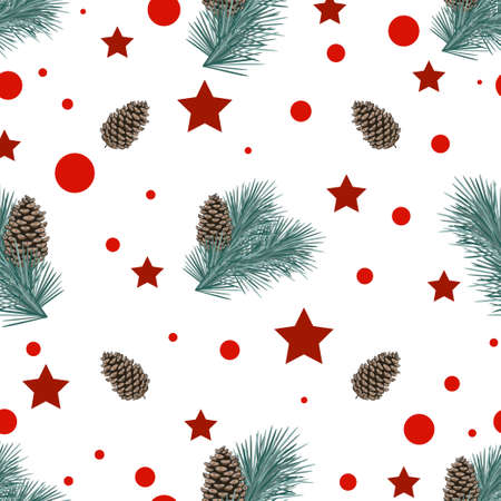 Christmas seamless pattern with spruce, cones and holly berrie. Vector illustrationのイラスト素材
