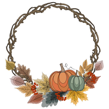 Autumn wreath with leaves, berries and pumpkins for Thanksgiving Day. Autumn vector illustration.のイラスト素材