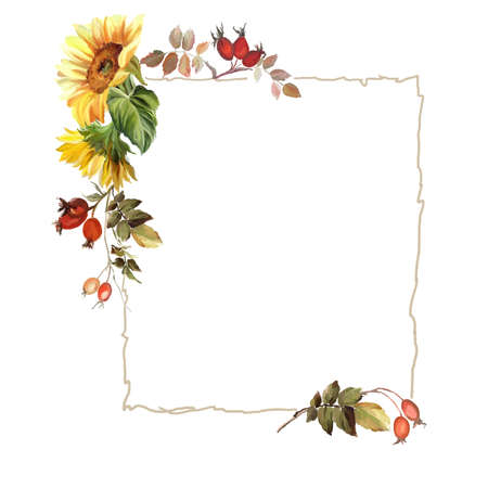 Frame with autumn decorations of sunflower flowers. Floral decorative background. Hand drawn oil painting.の写真素材