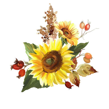 Floral composition with a sunflowers and berries of a rose hip isolated on a white background.の写真素材