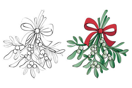 Christmas coloring page mistletoe bouquet. Design element for Christmas greeting cards and invitations.のイラスト素材