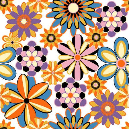 Seamless pattern with bright motley flowers in retro style. vector illustrationのイラスト素材