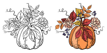 Autumn composition of pumpkin, dark red leaves and berries. Happy Thanksgiving vector illustration. Harvest festival design. Doodle pumpkins.のイラスト素材