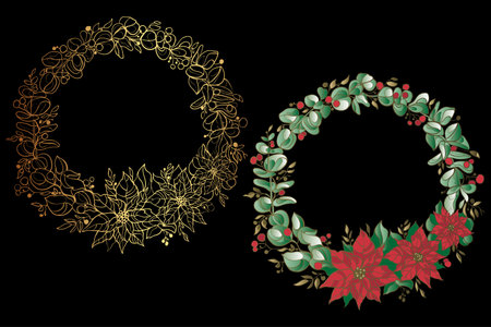 Christmas holiday vector wreath. Wreath with decorative leaves, eucalyptus branches, berries and poinsettia.のイラスト素材