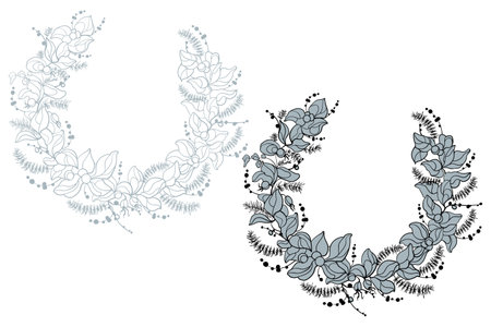 Vector graphic floral wreath. Outline illustration for design of invitation and greeting cardのイラスト素材