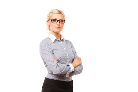 happy smiling young business woman in glasses, isolated over white backgroundの写真素材