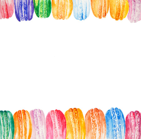 Dessert macaroons watercolor painting on white background. Beautiful card with painted colorful french dessert macaroons. Watercolors background.の写真素材