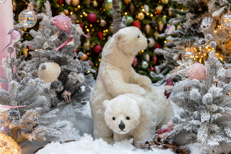 Toy mechanical polar bears move under the Christmas tree. The concept of New Year.の写真素材