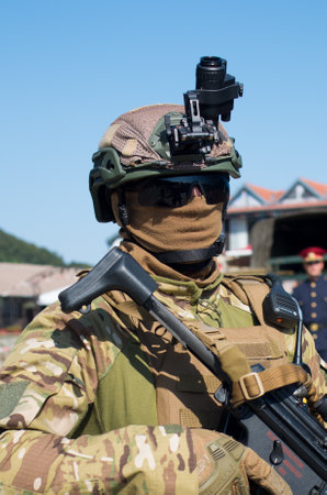 Gabovo, Bulgaria - August 20, 2022: Training of soldiers from the special forces of Europe and NATO for a possible war with Russia. Demonstration of shooting from a machine gun, tactics of close combat.のeditorial素材