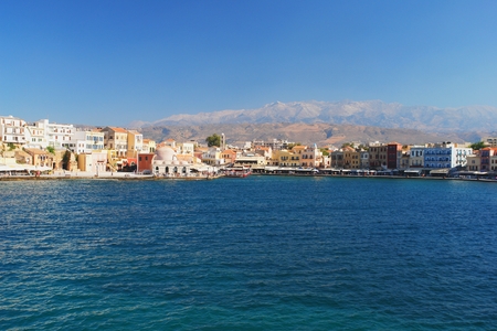 View of the old port of Chania and mountains, Creteの写真素材