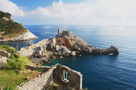 View of the church on the Ligurian Riviera, Italyの写真素材