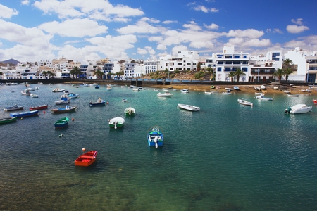 View of fishing boats in Arrecife, Lanzaroteの写真素材