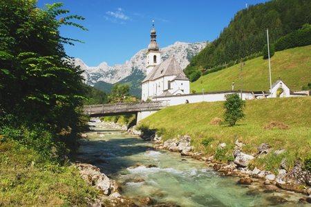 View of the historic church in Ramsau, Berchtesgaden Alpsの写真素材